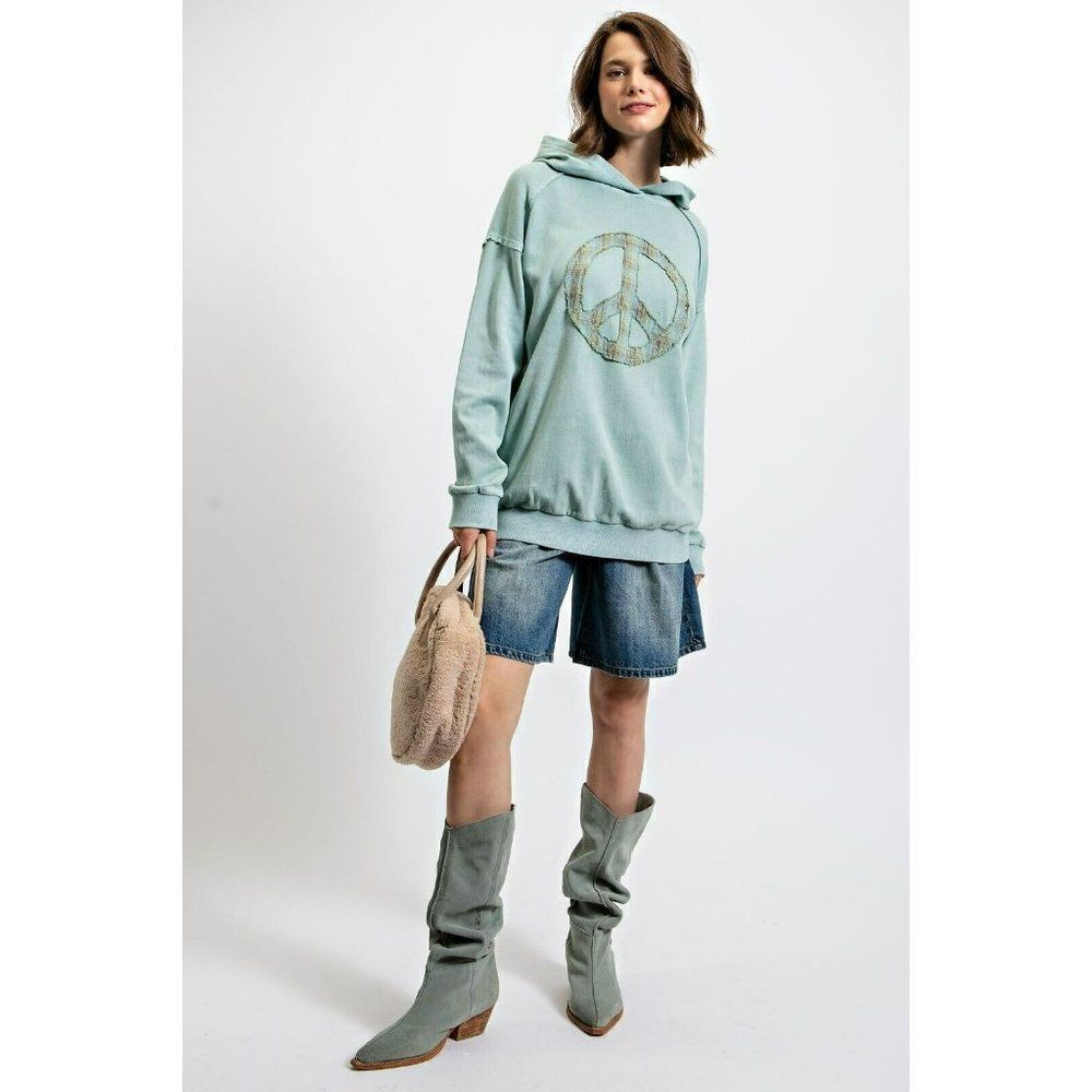 Easel Peacemaker Washed Terry Knit Pullover Hoodie in Seafoam ET22682 - Picture 3 of 5